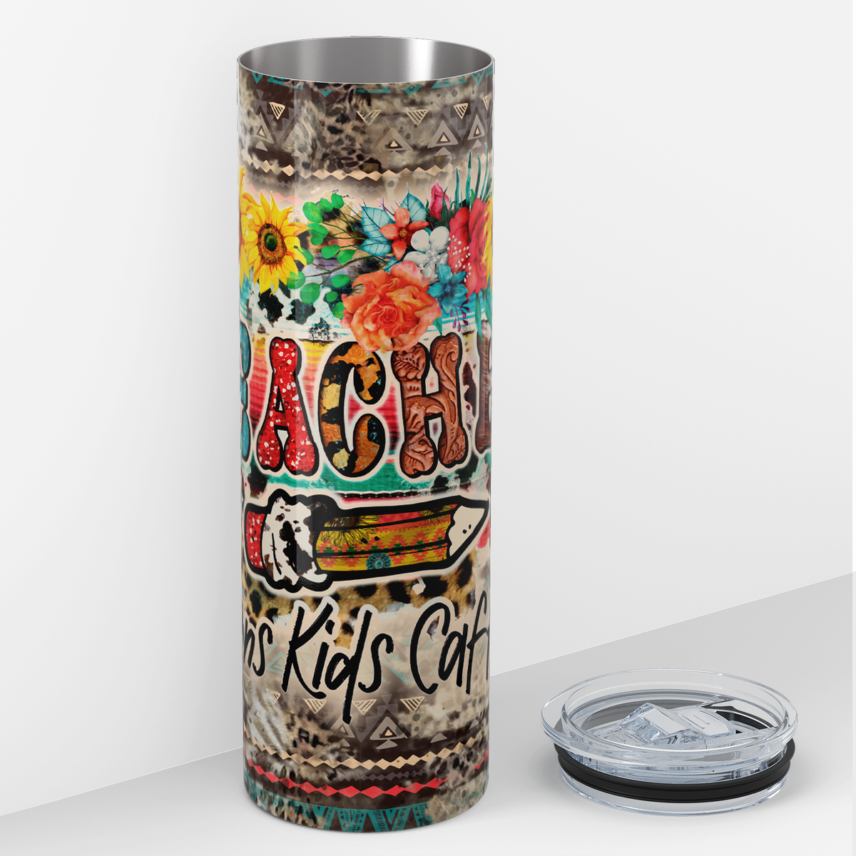 Teacher Life Crayons Kids and Caffeine 20oz Skinny Tumbler