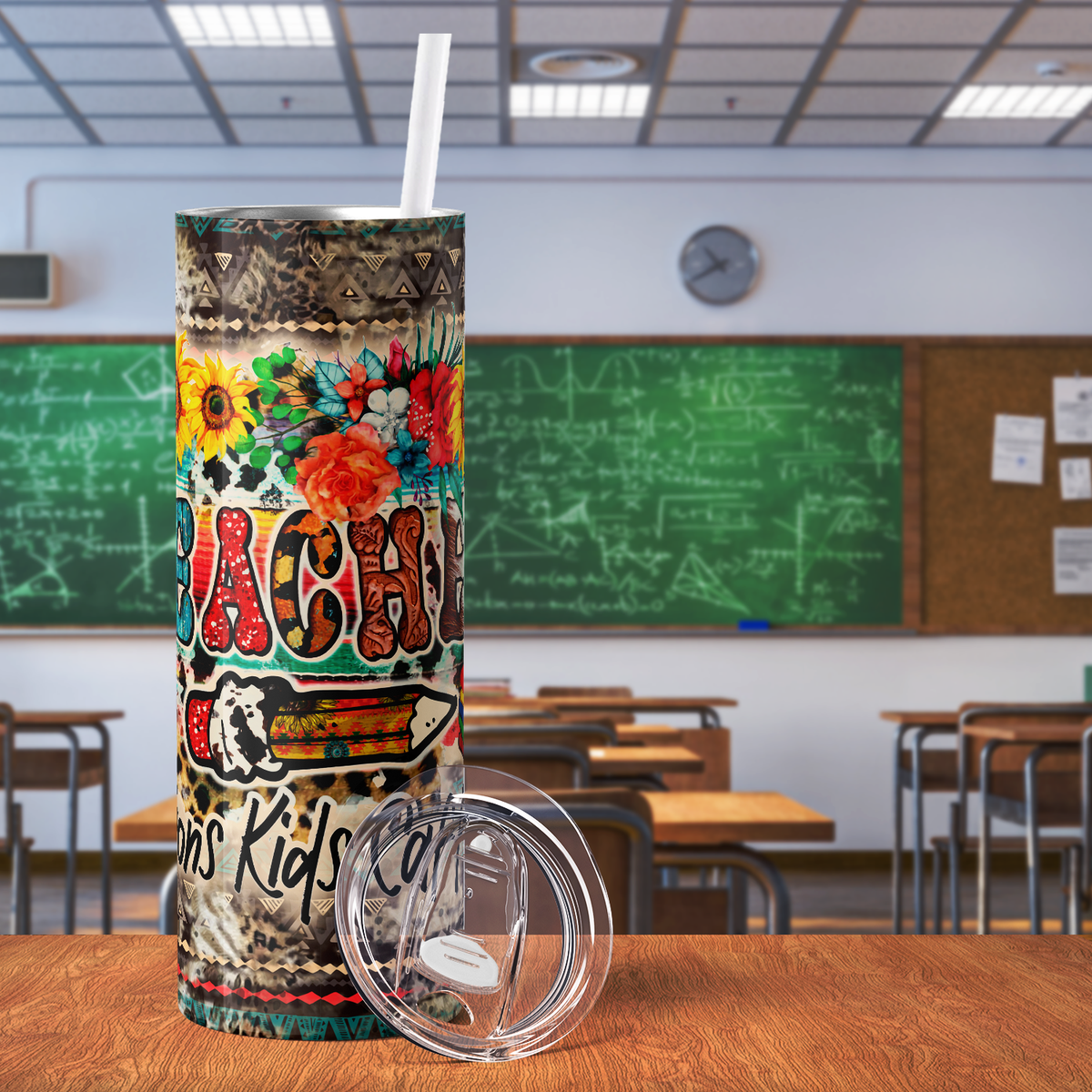 Teacher Life Crayons Kids and Caffeine 20oz Skinny Tumbler