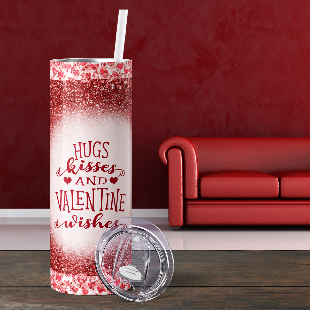 Hugs Kisses and Valentine Wishes Red Glitter 20oz Skinny Tumbler