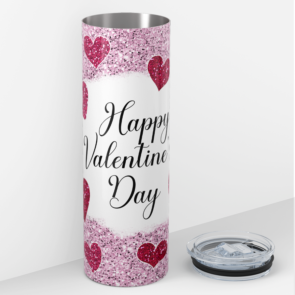Happy Valentines Day Red Hearts and Pink Glitter 20oz Skinny Tumbler