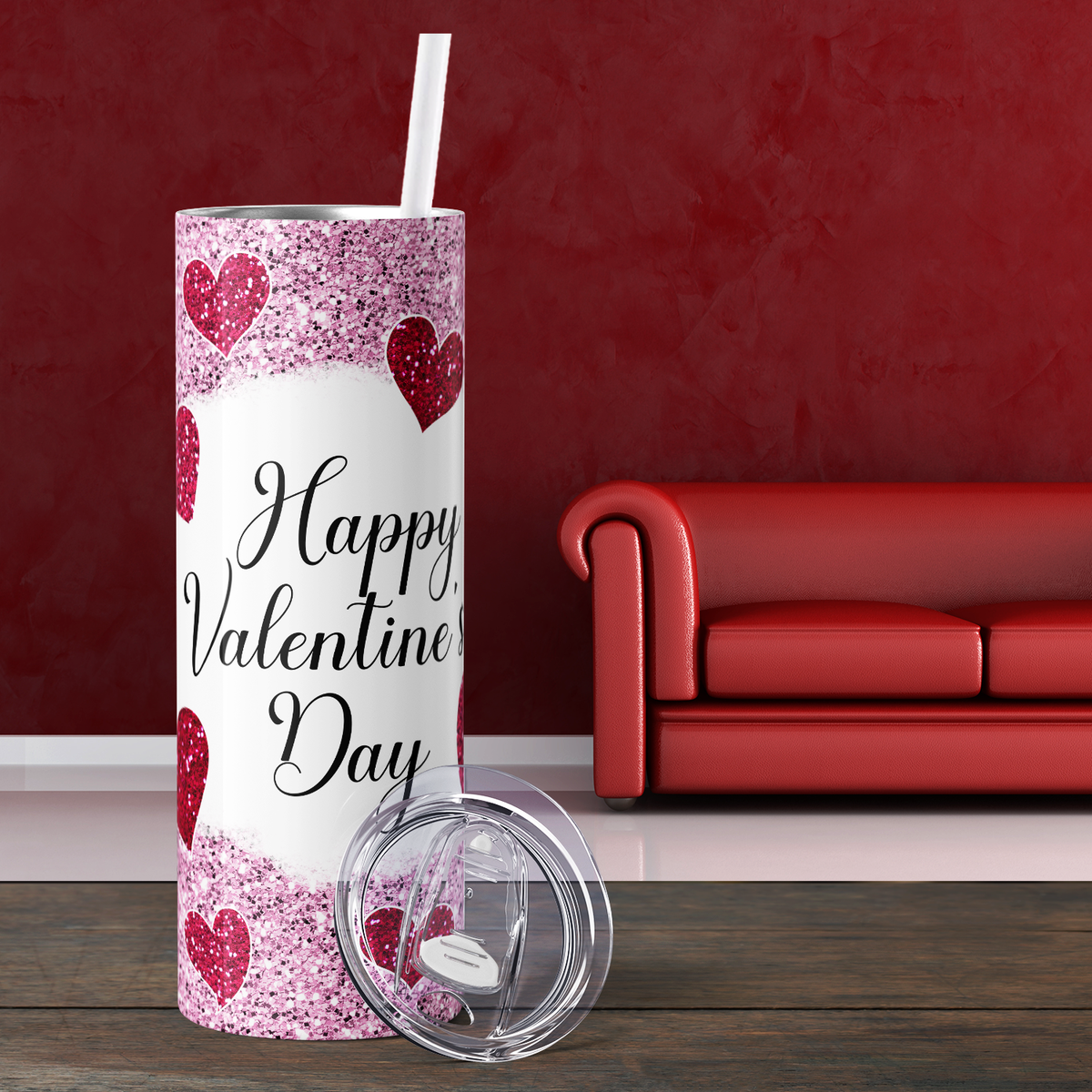 Happy Valentines Day Red Hearts and Pink Glitter 20oz Skinny Tumbler