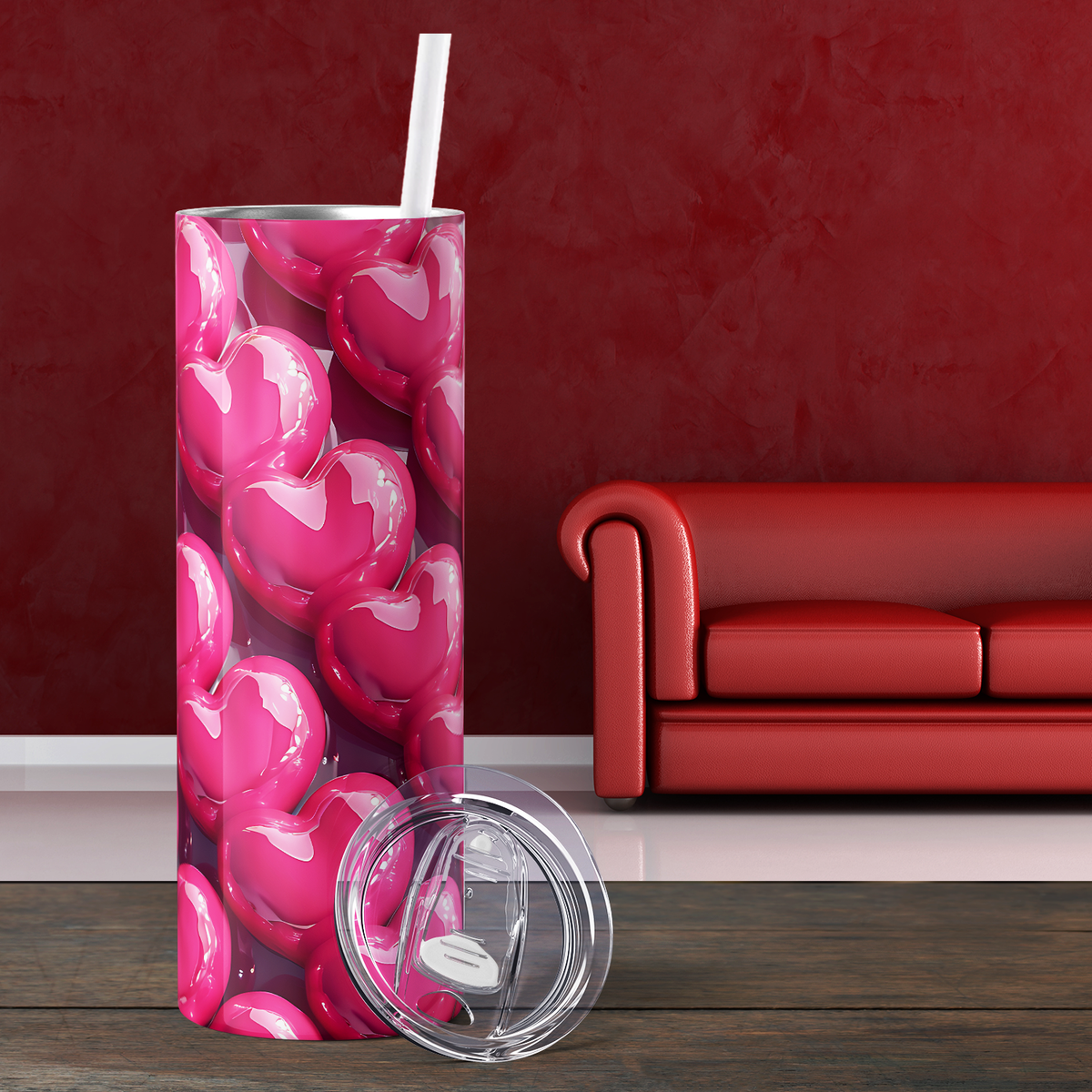 Inflated Bubble Hot Pink Hearts 20oz Skinny Tumbler