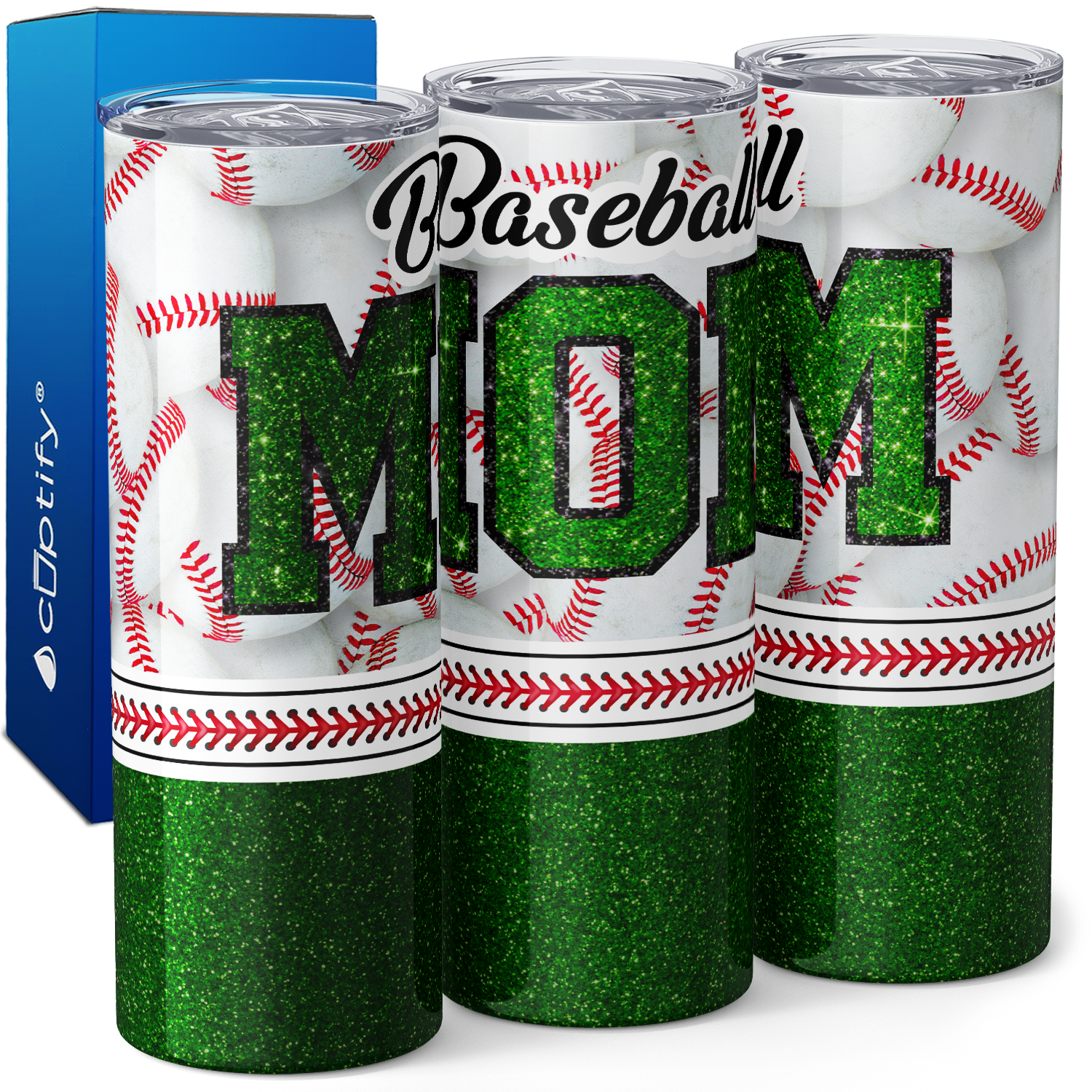 Baseball Mom Green Glitter 20oz Skinny Tumbler