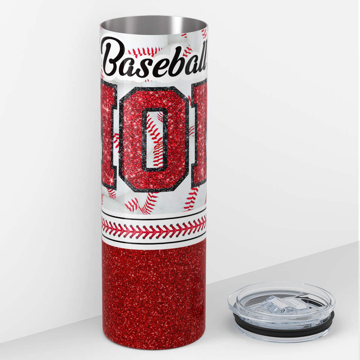 Baseball Mom Red Glitter 20oz Skinny Tumbler