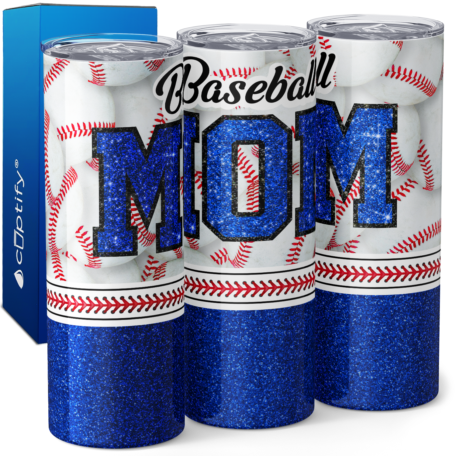Baseball Mom Blue Glitter 20oz Skinny Tumbler