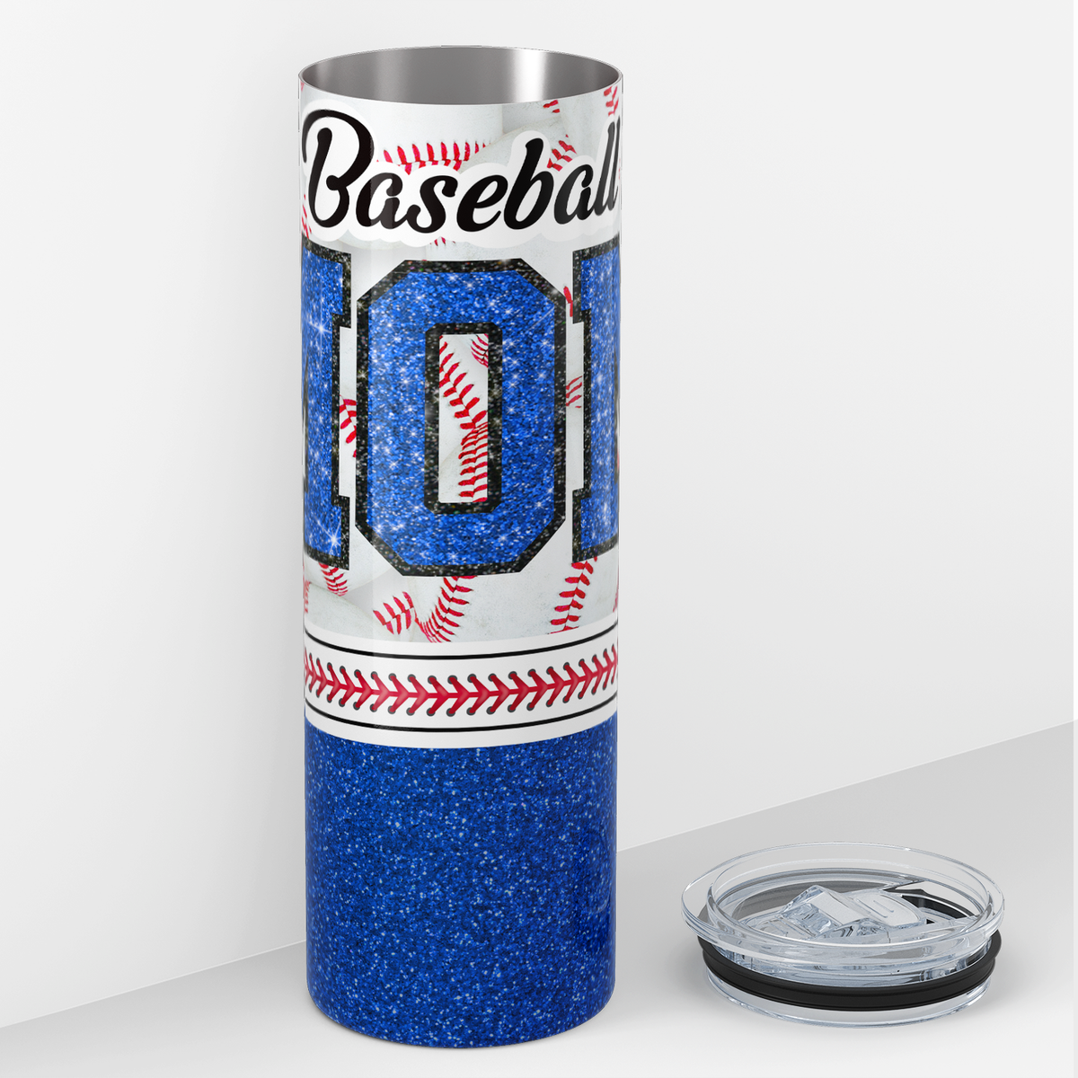 Baseball Mom Blue Glitter 20oz Skinny Tumbler