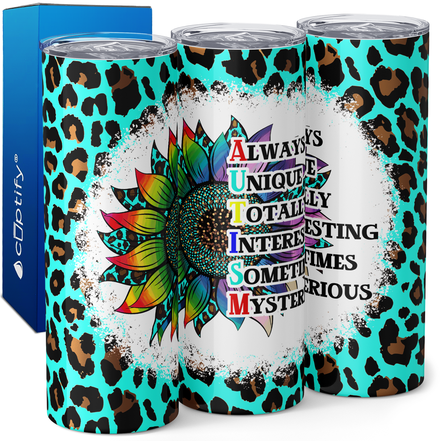 Autism Rainbow Sunflower on Teal Leopard Print 20oz Skinny Tumbler