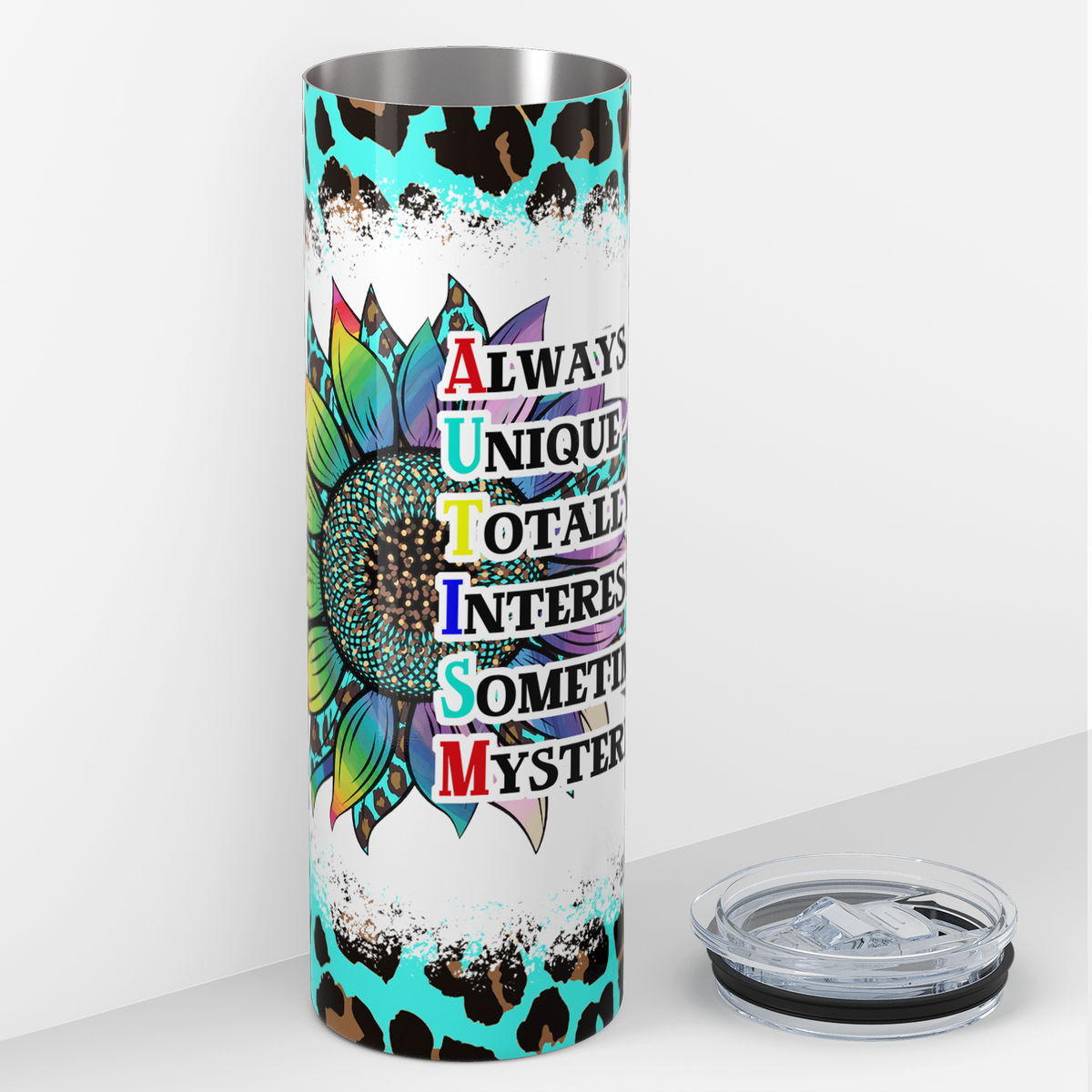 Autism Rainbow Sunflower on Teal Leopard Print 20oz Skinny Tumbler