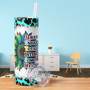 Autism Rainbow Sunflower on Teal Leopard Print 20oz Skinny Tumbler