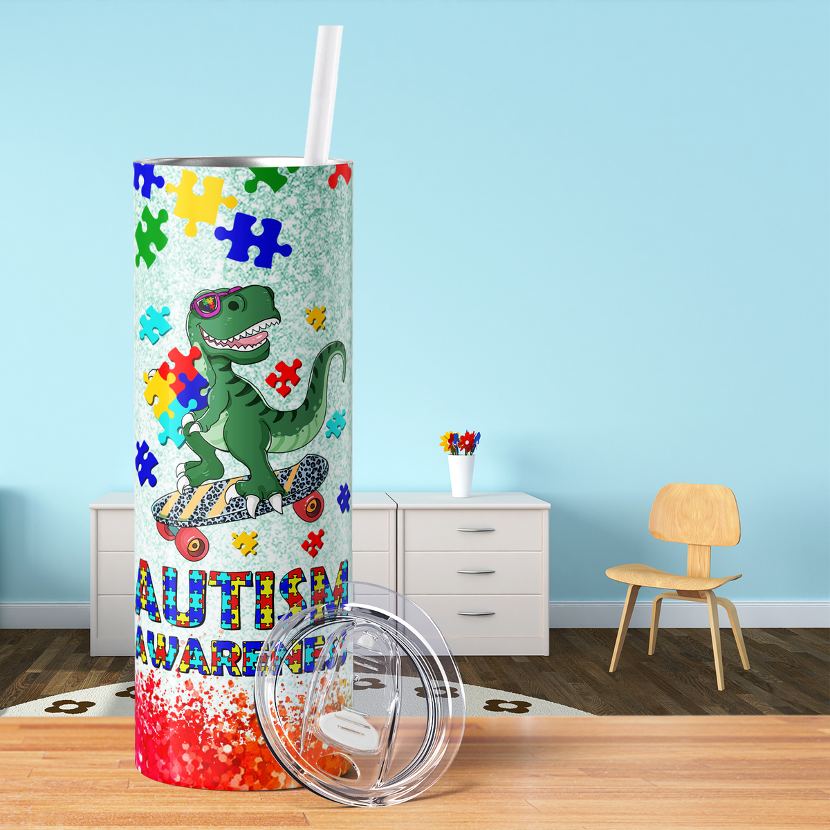 Autism Awareness Dinosaur 20oz Skinny Tumbler
