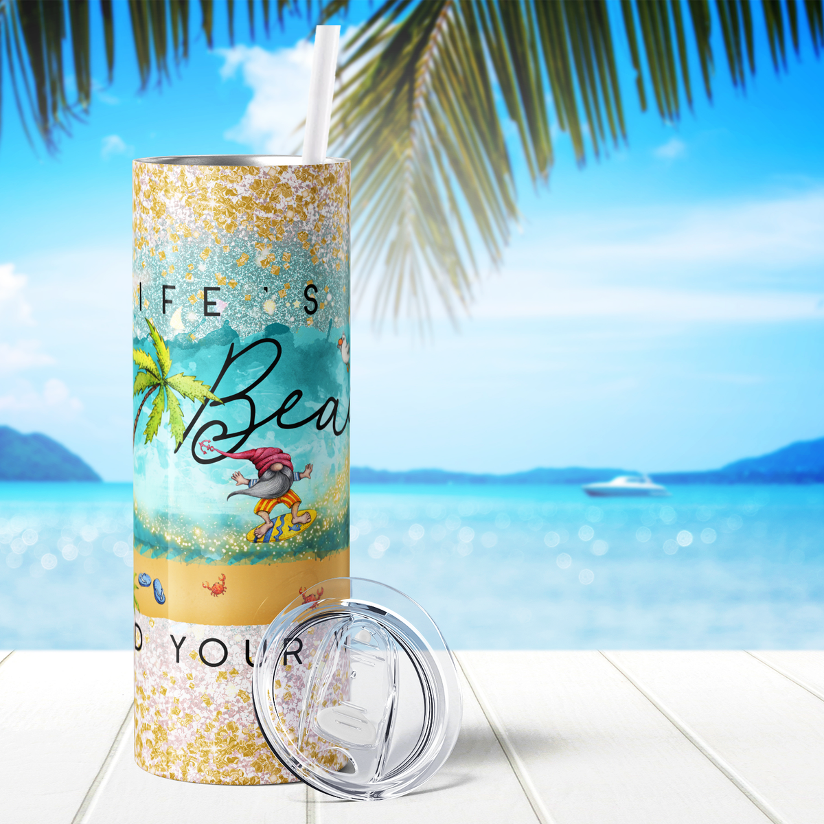 Life's a Beach Gnome Surfing 20oz Skinny Tumbler