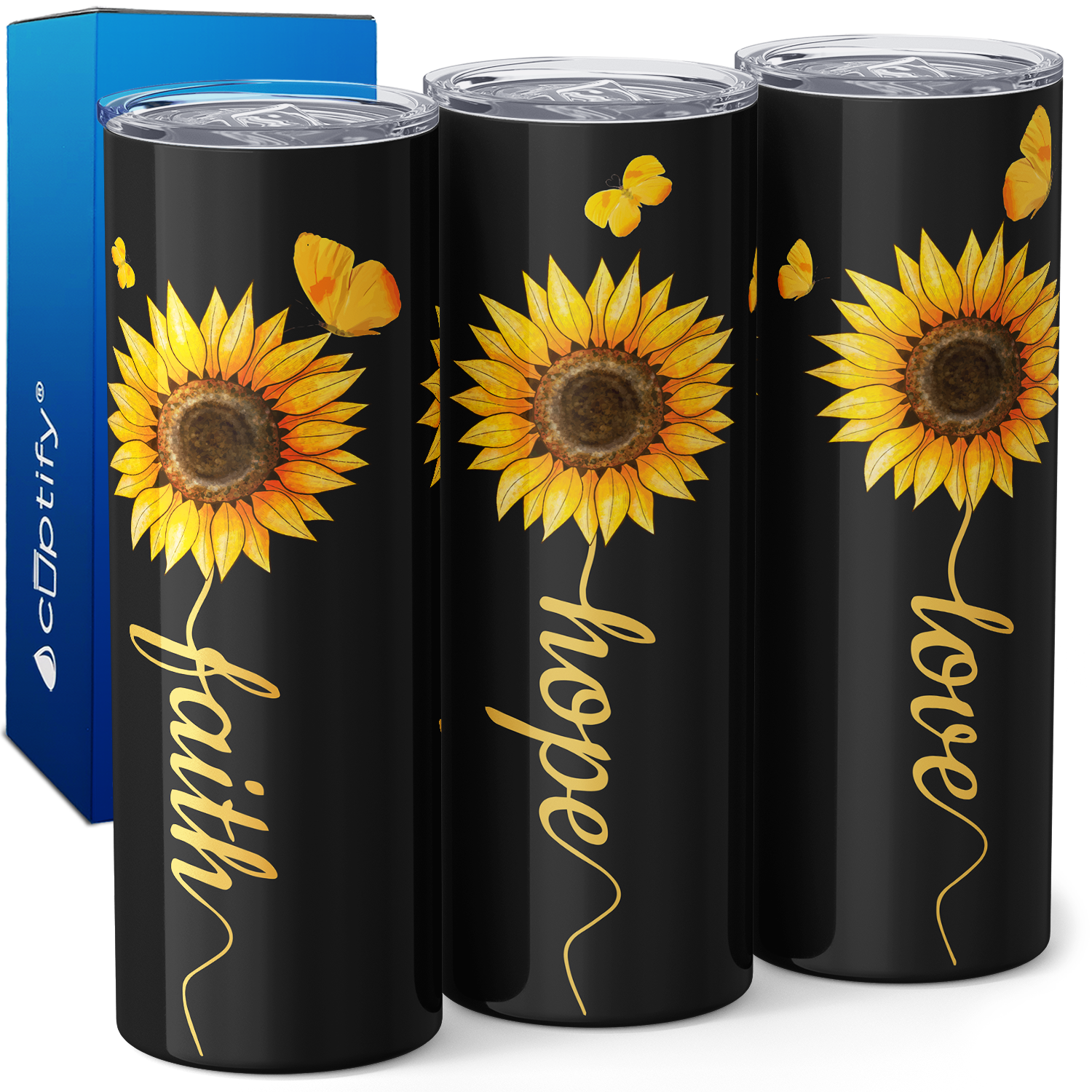 Faith Hope Love Sunflowers on Black 20oz Skinny Tumbler