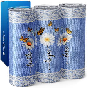 Faith Hope Love Daisies on Blue Linen 20oz Skinny Tumbler