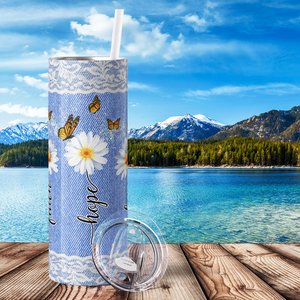 Faith Hope Love Daisies on Blue Linen 20oz Skinny Tumbler