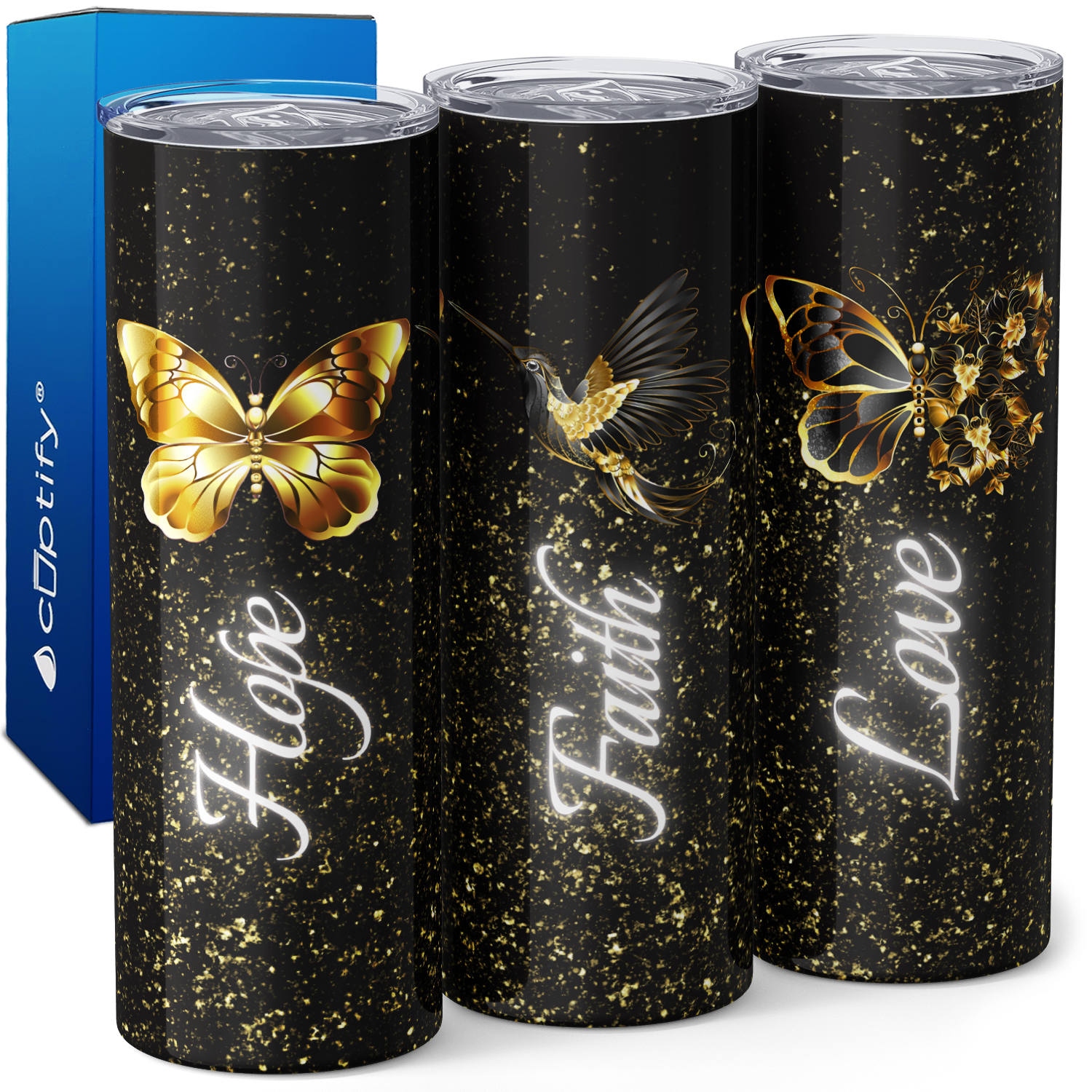 Hope Faith Love Gold Butterflies on Black 20oz Skinny Tumbler