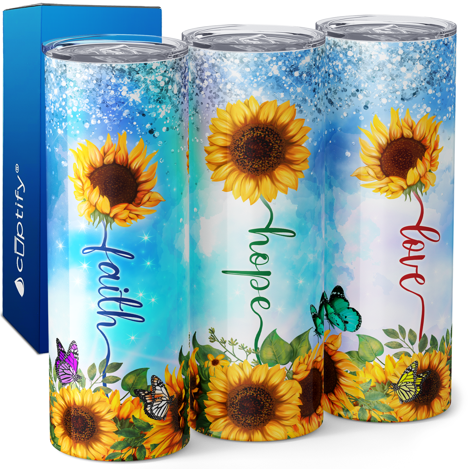 Love Hope Faith Sunflowers Blue Glitter 20oz Skinny Tumbler