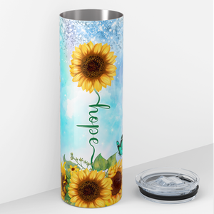 Love Hope Faith Sunflowers Blue Glitter 20oz Skinny Tumbler