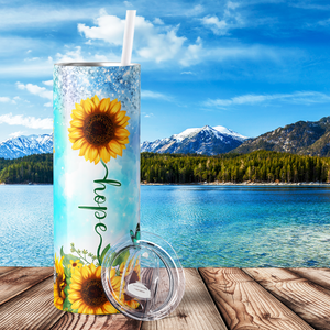 Love Hope Faith Sunflowers Blue Glitter 20oz Skinny Tumbler