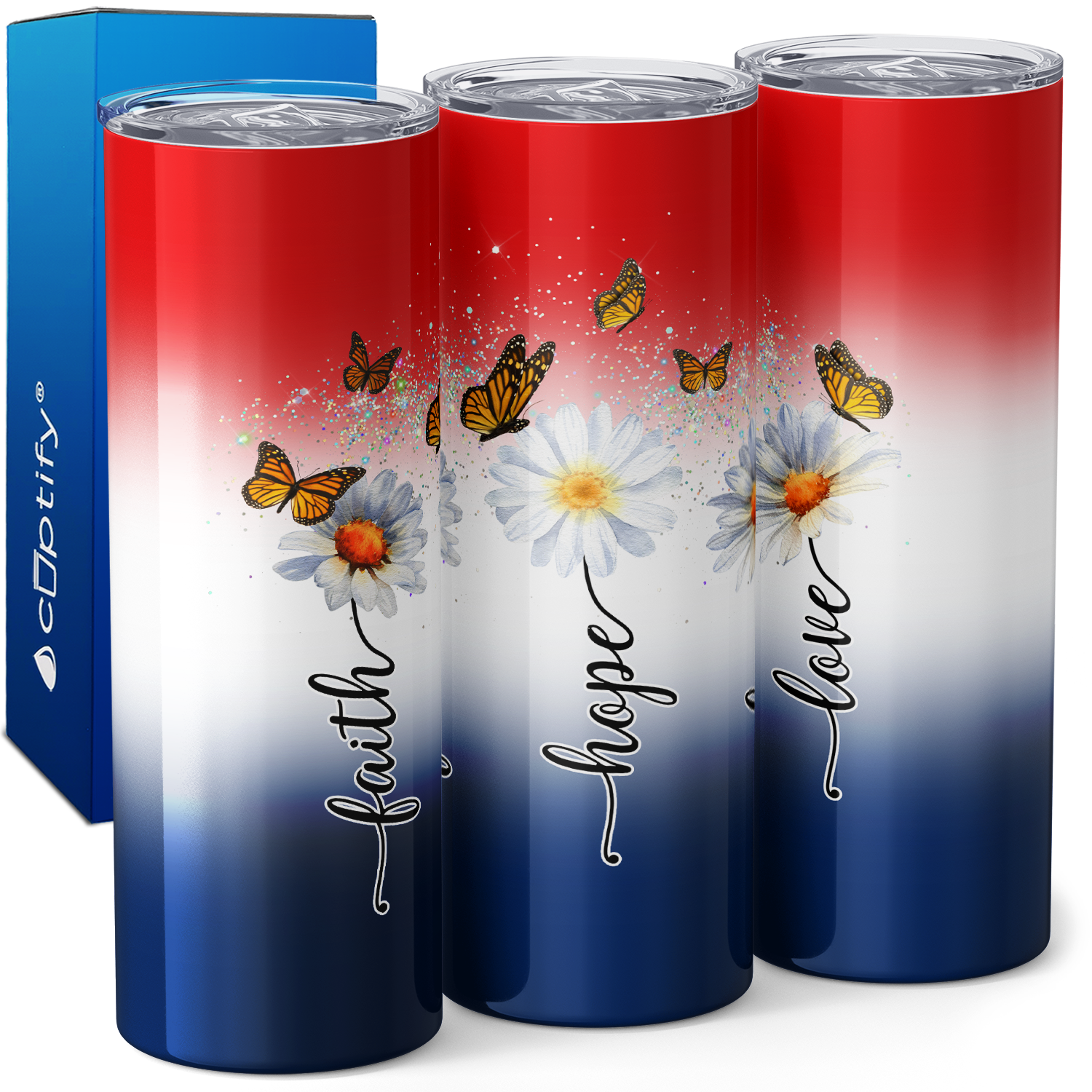 Faith Hope Love Daises Red White and Blue 20oz Skinny Tumbler