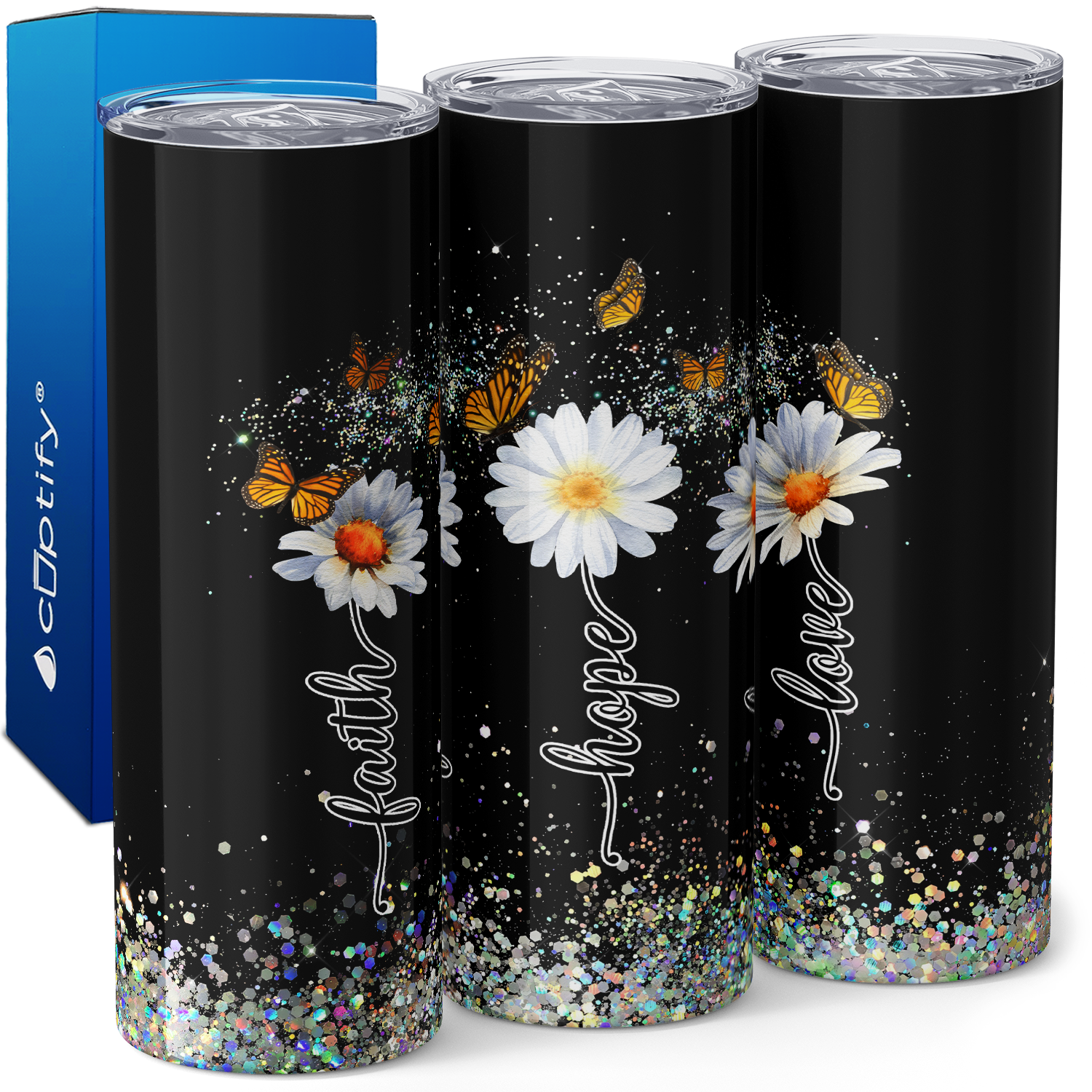 Faith Hope Love Sunflowers Daises on Black Silver Glitter 20oz Skinny Tumbler