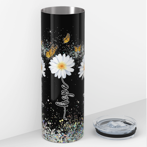 Faith Hope Love Sunflowers Daises on Black Silver Glitter 20oz Skinny Tumbler