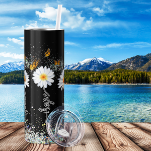 Faith Hope Love Sunflowers Daises on Black Silver Glitter 20oz Skinny Tumbler