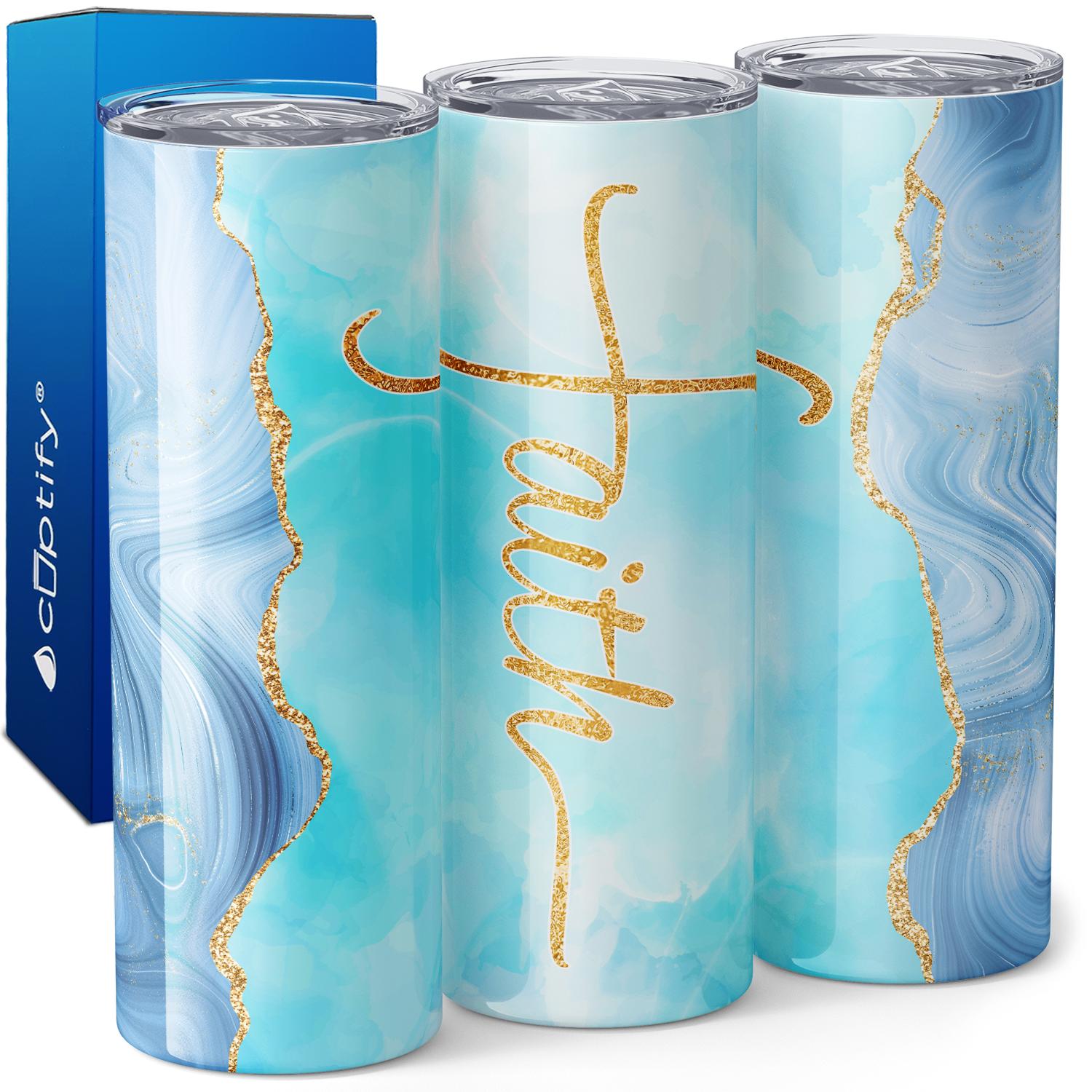 Faith Blue Marble with Gold Glitter Trim 20oz Skinny Tumbler