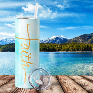 Faith Blue Marble with Gold Glitter Trim 20oz Skinny Tumbler