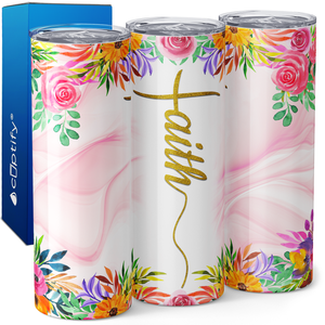 Faith Pink Marble with Flowers 20oz Skinny Tumbler