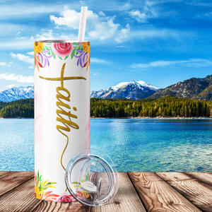 Faith Pink Marble with Flowers 20oz Skinny Tumbler