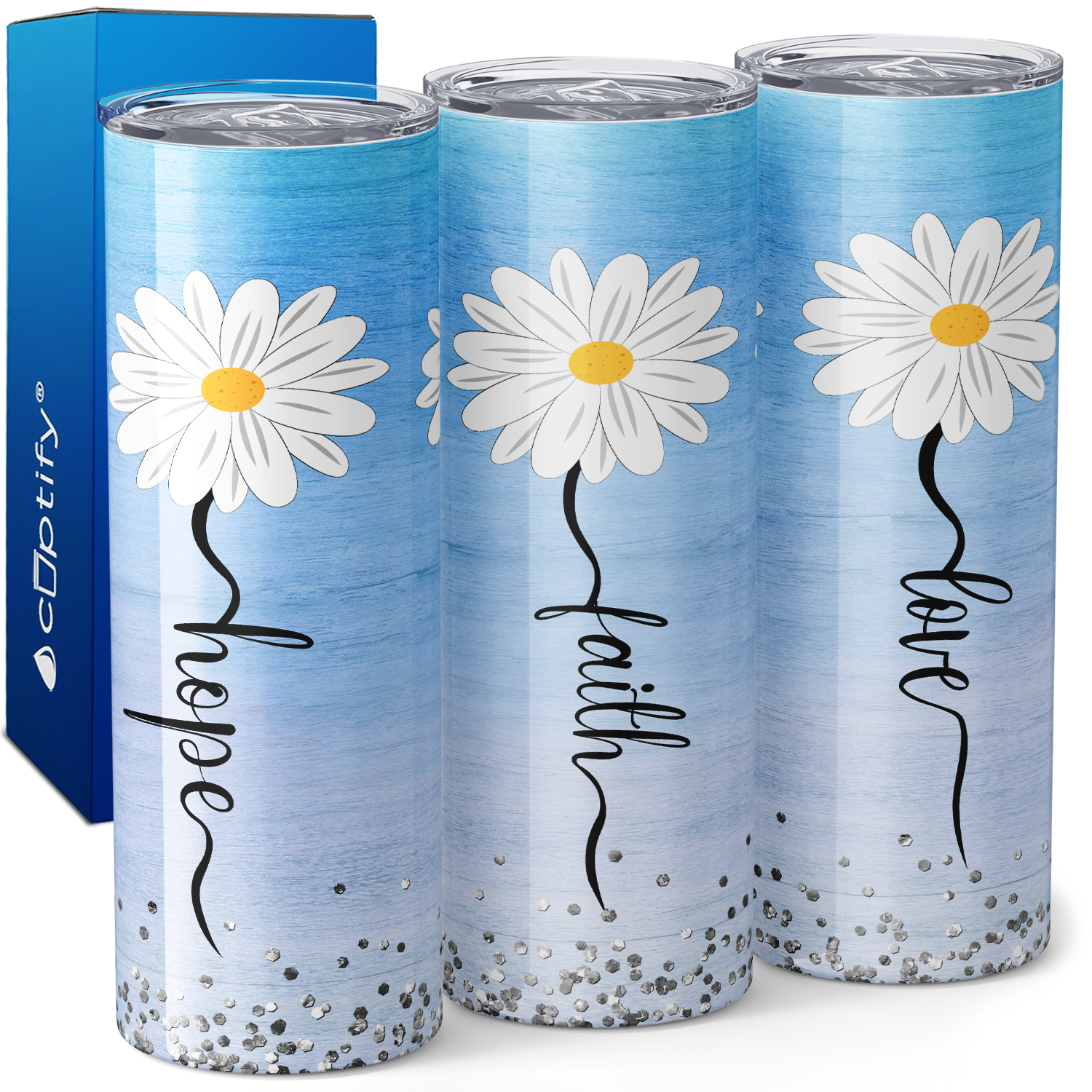 Love Faith Hope Daises on Blue 20oz Skinny Tumbler