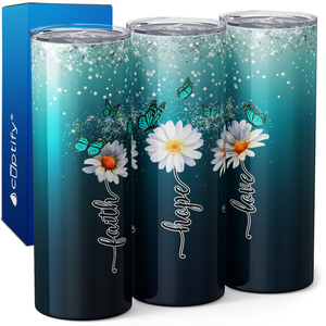 Faith Hope Love Daises Blue Butteries Aqua Ombre 20oz Skinny Tumbler