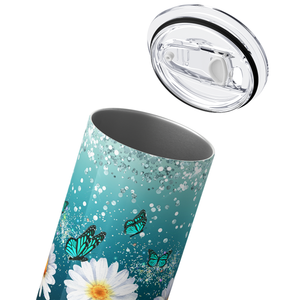 Faith Hope Love Daises Blue Butteries Aqua Ombre 20oz Skinny Tumbler