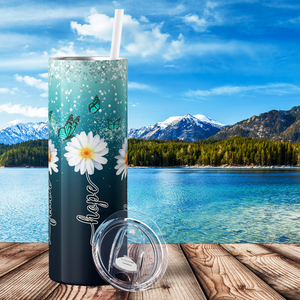 Faith Hope Love Daises Blue Butteries Aqua Ombre 20oz Skinny Tumbler