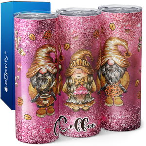 Coffee Gnomes on Pink Glitter 20oz Skinny Tumbler