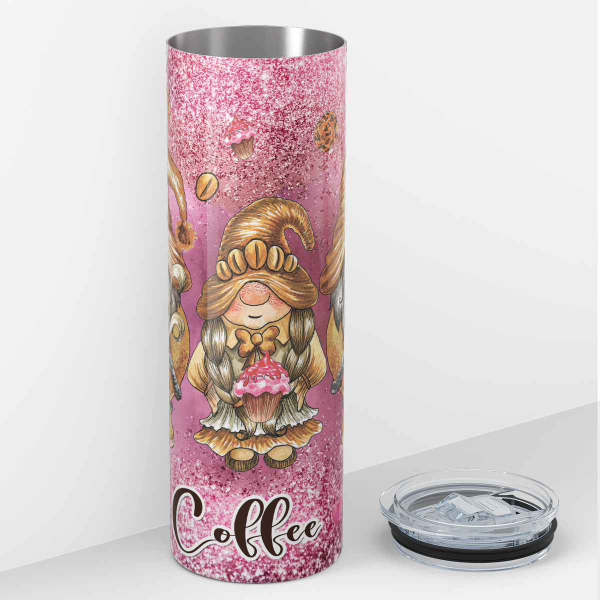 Coffee Gnomes on Pink Glitter 20oz Skinny Tumbler