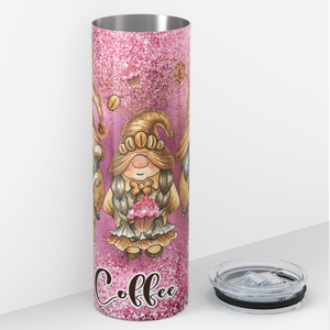 Coffee Gnomes on Pink Glitter 20oz Skinny Tumbler