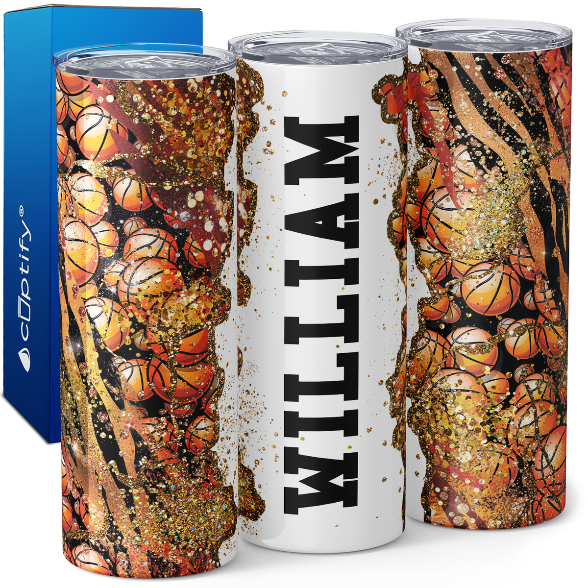 Personalized Baskbetballs and Tiger Print with Glitter 20oz Skinny Tumbler