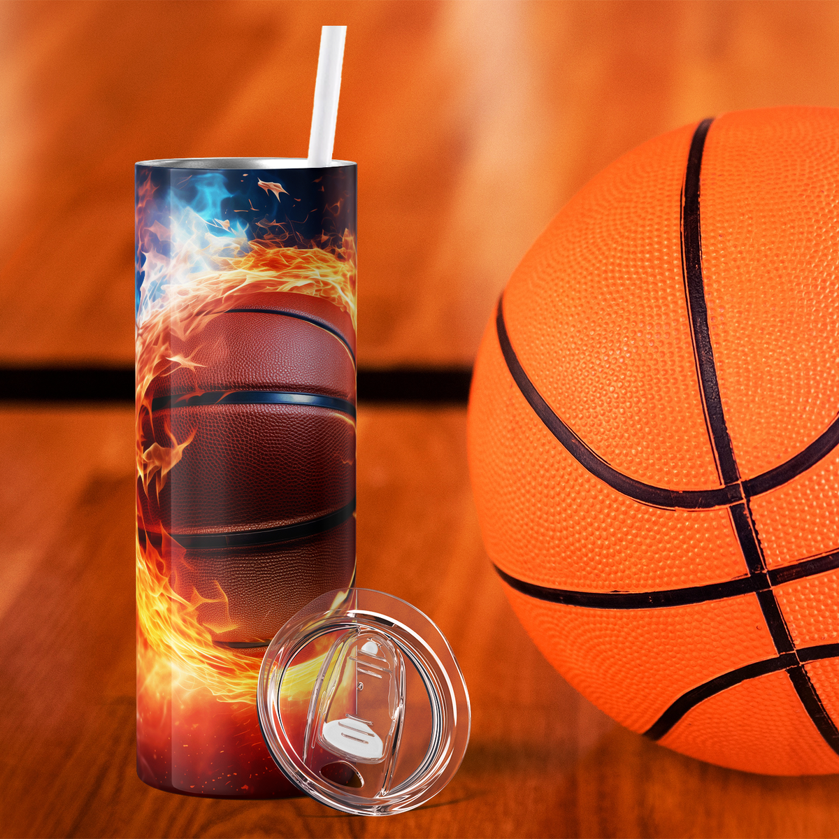 Basketball with Red and Blue Flames 20oz Skinny Tumbler