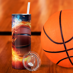 Basketball with Red and Blue Flames 20oz Skinny Tumbler