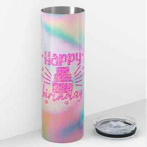 Pink Happy Birthday with Tie Dye 20oz Skinny Tumbler