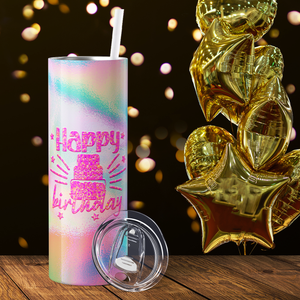 Pink Happy Birthday with Tie Dye 20oz Skinny Tumbler