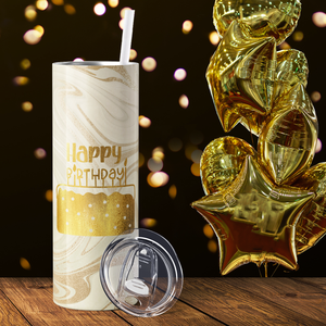 Happy Birthday Gold  on Marble 20oz Skinny Tumbler