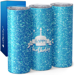 Happy Birthday on Blue Glitter 20oz Skinny Tumbler