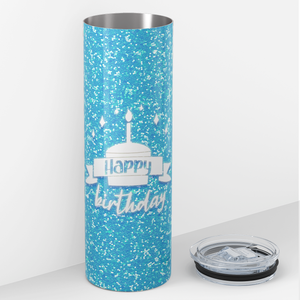 Happy Birthday on Blue Glitter 20oz Skinny Tumbler