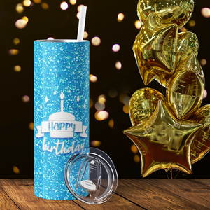 Happy Birthday on Blue Glitter 20oz Skinny Tumbler