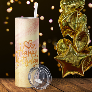 Happy Birthday Hearts on Marble 20oz Skinny Tumbler