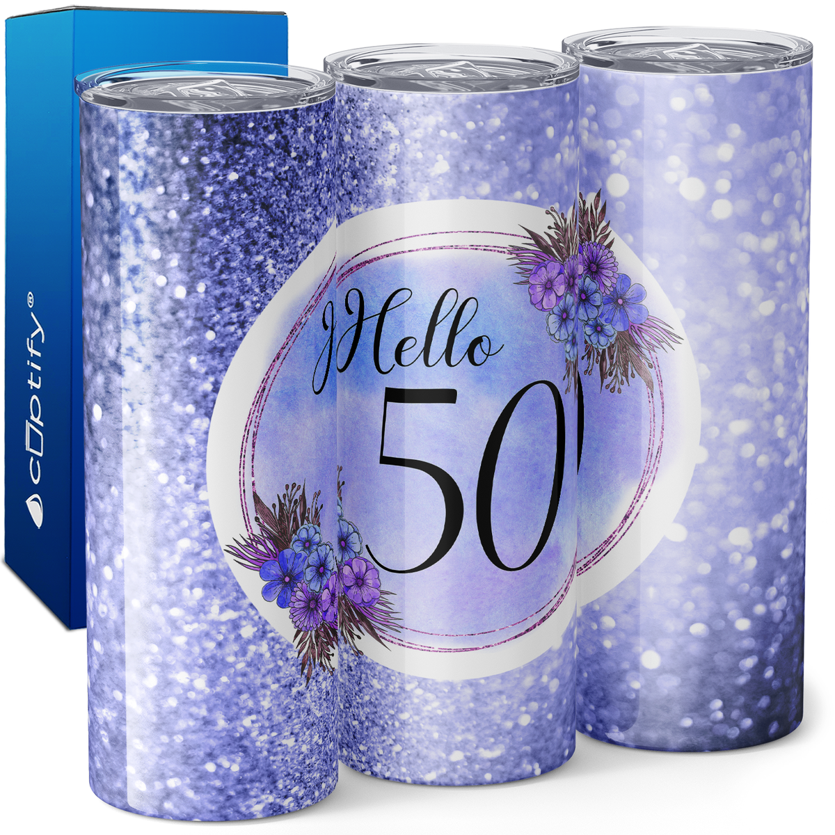 Hello 50 on Blue Glitter 20oz Skinny Tumbler