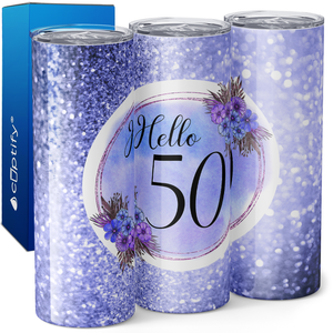 Hello 50 on Blue Glitter 20oz Skinny Tumbler