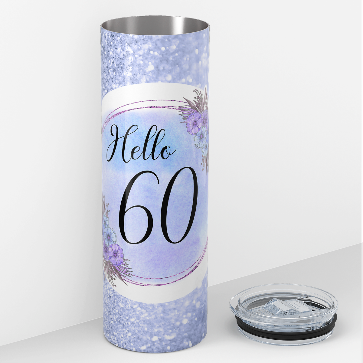Hello 60 on Blue Glitter 20oz Skinny Tumbler